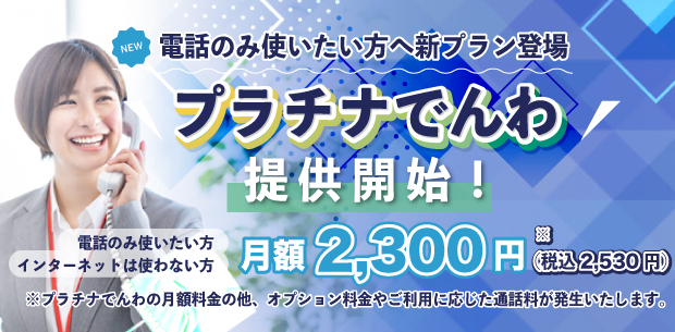 電話のみ使いたい方へ新プラン登場!/プラチナでんわ提供開始//電話のみ使いたい方・インターネットは使わない方
税込2,530円※プラチナでんわの月額料金の他、オプション料金やご利用に応じた通話料が発生いたします。詳しくはこちら