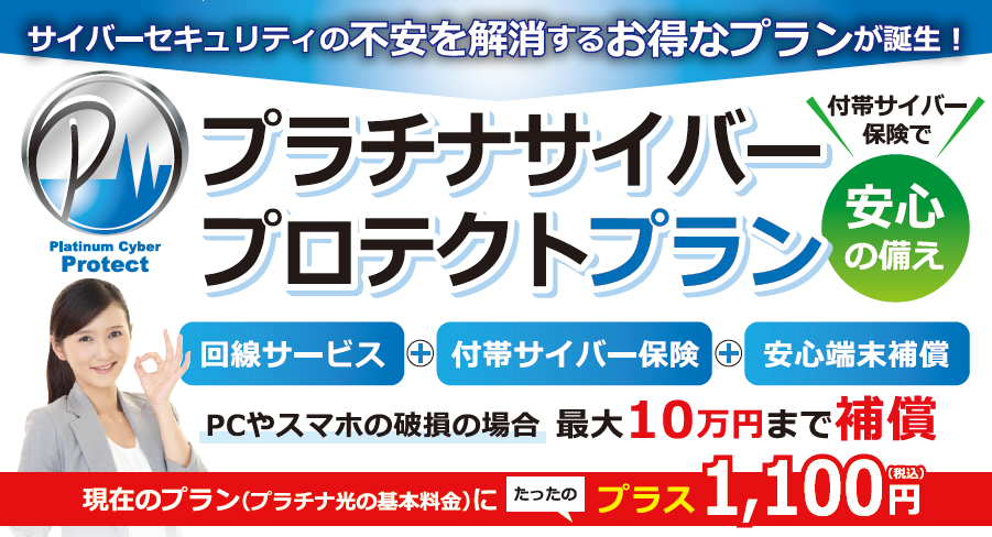 プラチナサイバープロテクトプラン//回線サービス+付帯サイバー保険+安心端末補償 PCやスマホの破損の場合最大10万円まで保証/現在のプラン(プラチナ光の基本料金)にたったプラス1,100円(税込)